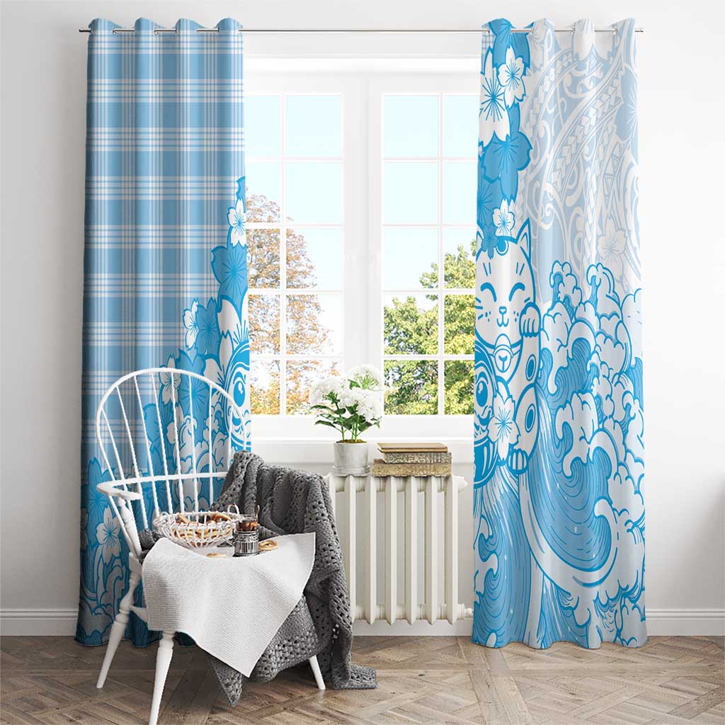 Blue Palaka Hawaiian And Japanese Window Curtain Maneki Neko And Sakura Bloom DT05 - Polynesian Pride