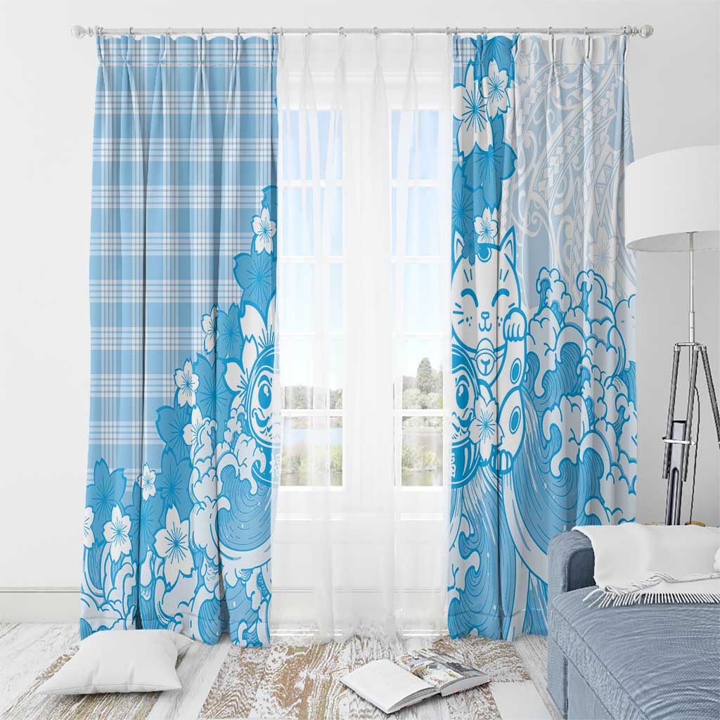 Blue Palaka Hawaiian And Japanese Window Curtain Maneki Neko And Sakura Bloom DT05 - Polynesian Pride