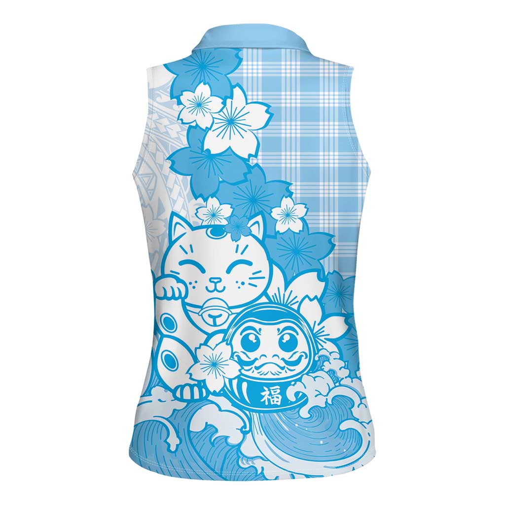Blue Palaka Hawaiian And Japanese Women Sleeveless Polo Shirt Maneki Neko And Sakura Bloom