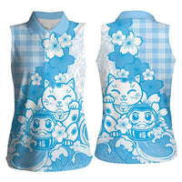 Blue Palaka Hawaiian And Japanese Women Sleeveless Polo Shirt Maneki Neko And Sakura Bloom