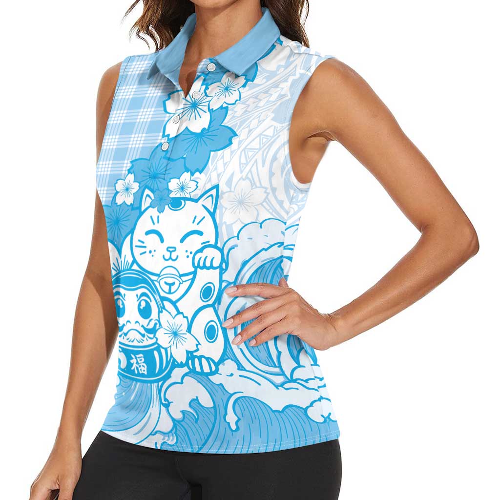Blue Palaka Hawaiian And Japanese Women Sleeveless Polo Shirt Maneki Neko And Sakura Bloom