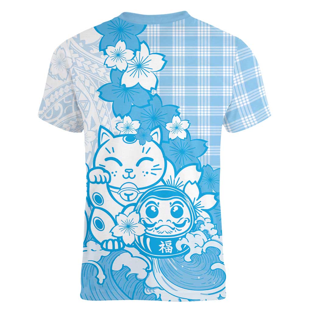 Blue Palaka Hawaiian And Japanese Women V-Neck T-Shirt Maneki Neko And Sakura Bloom