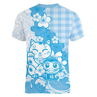 Blue Palaka Hawaiian And Japanese Women V-Neck T-Shirt Maneki Neko And Sakura Bloom
