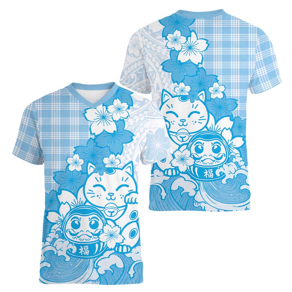 Blue Palaka Hawaiian And Japanese Women V-Neck T-Shirt Maneki Neko And Sakura Bloom