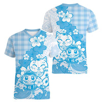 Blue Palaka Hawaiian And Japanese Women V-Neck T-Shirt Maneki Neko And Sakura Bloom