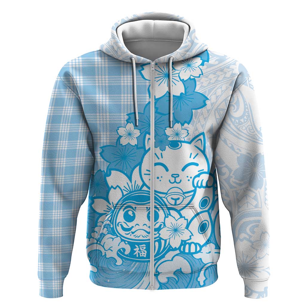 Blue Palaka Hawaiian And Japanese Zip Hoodie Maneki Neko And Sakura Bloom