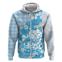 Blue Palaka Hawaiian And Japanese Zip Hoodie Maneki Neko And Sakura Bloom