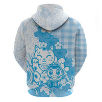 Blue Palaka Hawaiian And Japanese Zip Hoodie Maneki Neko And Sakura Bloom
