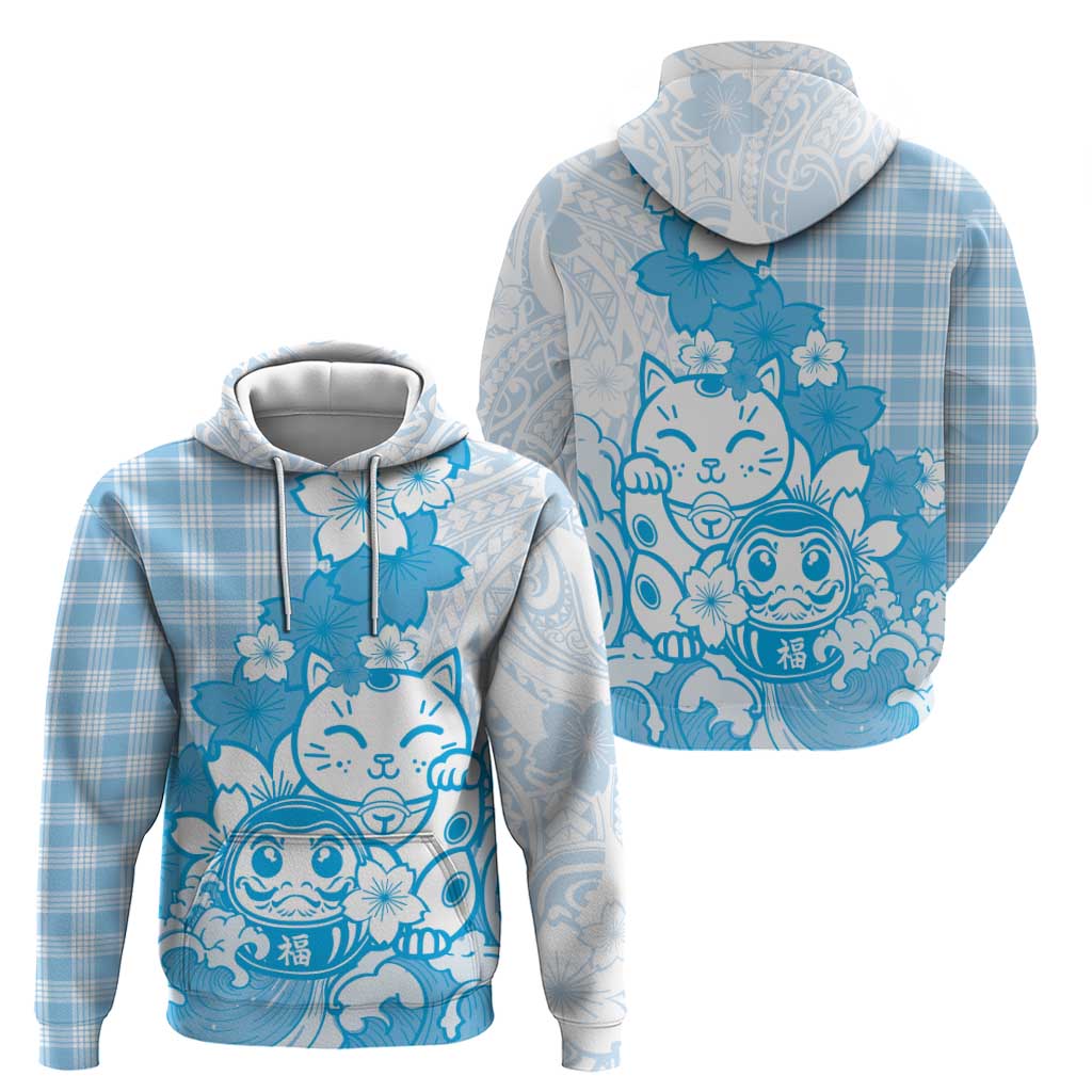 Blue Palaka Hawaiian And Japanese Zip Hoodie Maneki Neko And Sakura Bloom