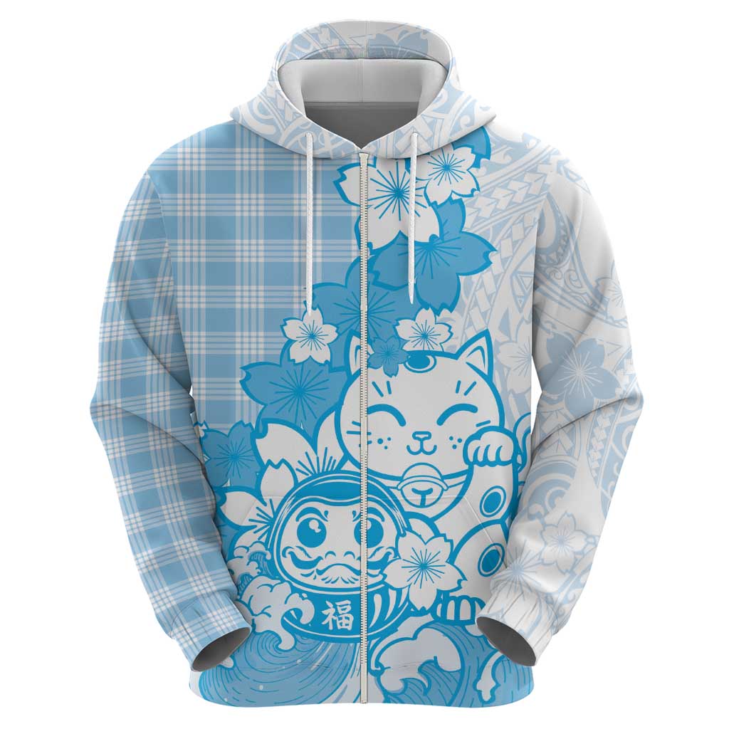 Blue Palaka Hawaiian And Japanese Zip Hoodie Maneki Neko And Sakura Bloom