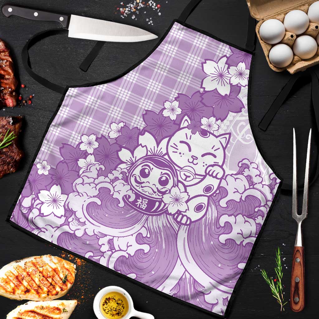 Purple Palaka Hawaiian And Japanese Apron Maneki Neko And Sakura Bloom DT05 Purple - Polynesian Pride