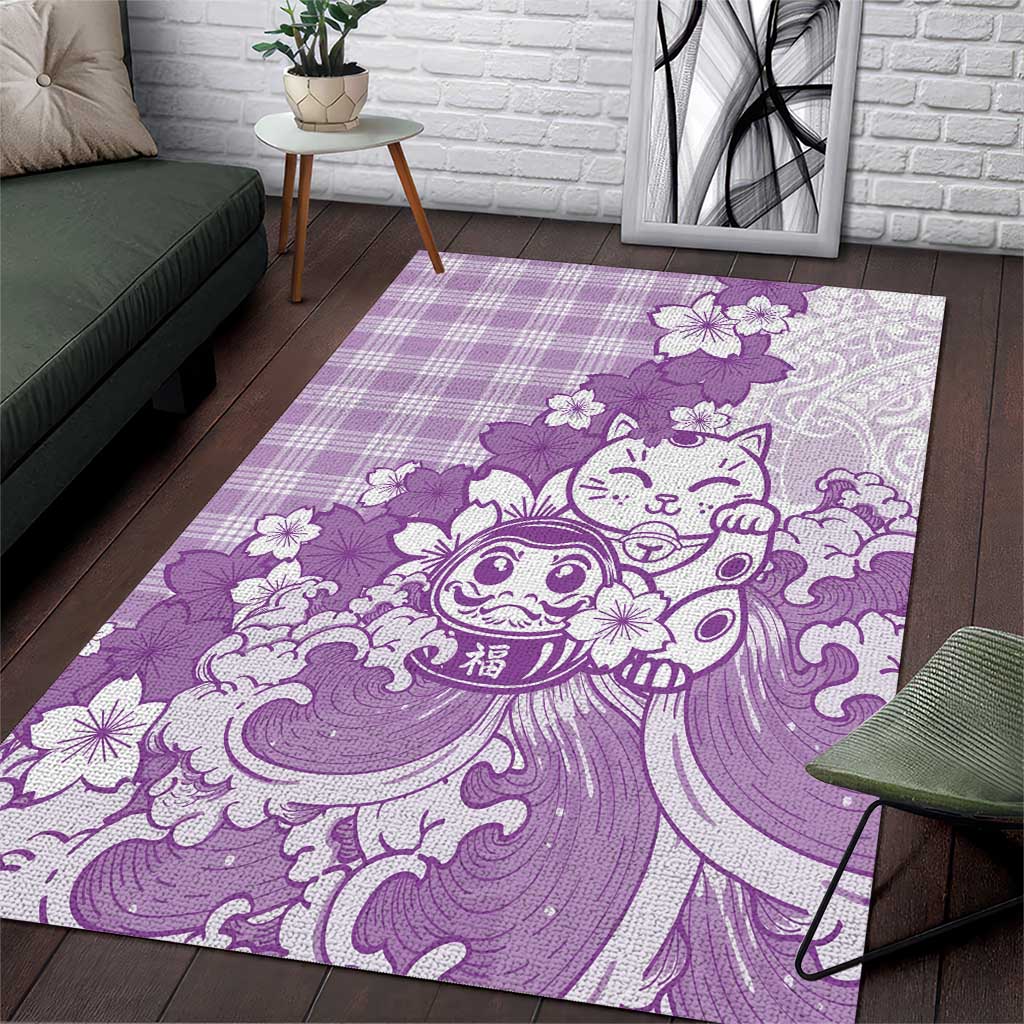 Purple Palaka Hawaiian And Japanese Area Rug Maneki Neko And Sakura Bloom