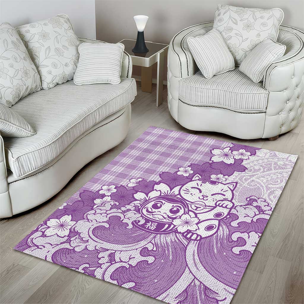 Purple Palaka Hawaiian And Japanese Area Rug Maneki Neko And Sakura Bloom