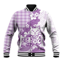 Purple Palaka Hawaiian And Japanese Baseball Jacket Maneki Neko And Sakura Bloom