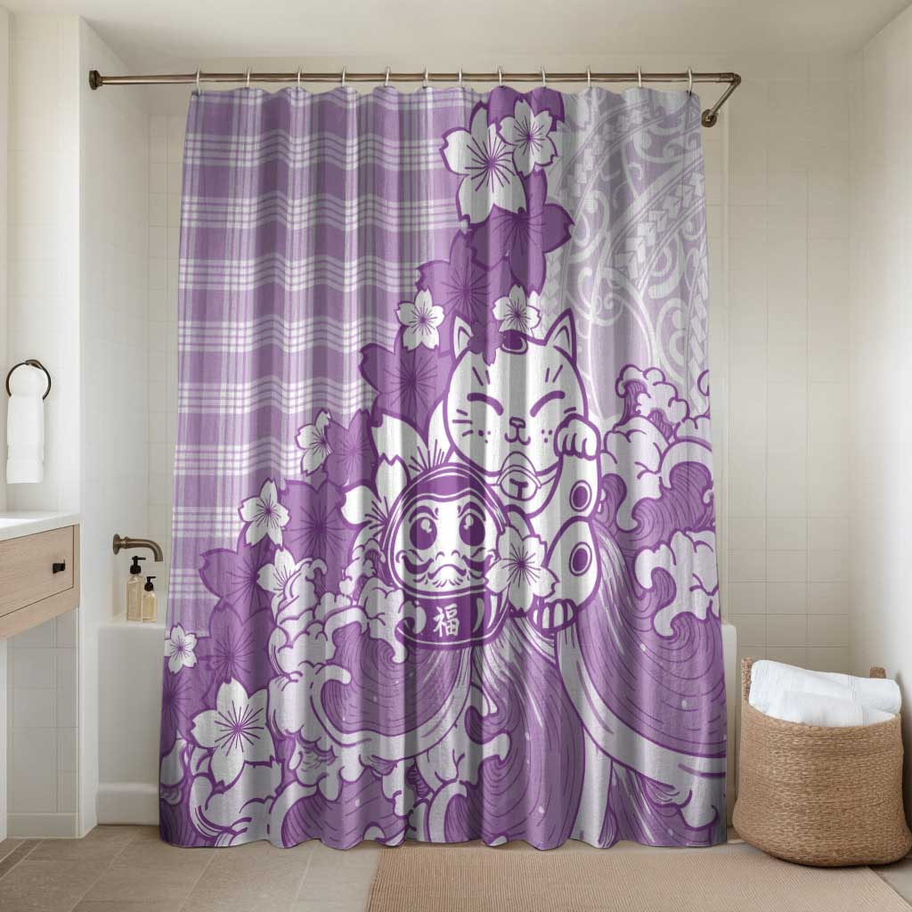 Purple Palaka Hawaiian And Japanese Bathroom Set Maneki Neko And Sakura Bloom DT05 Shower Curtain Only Purple - Polynesian Pride