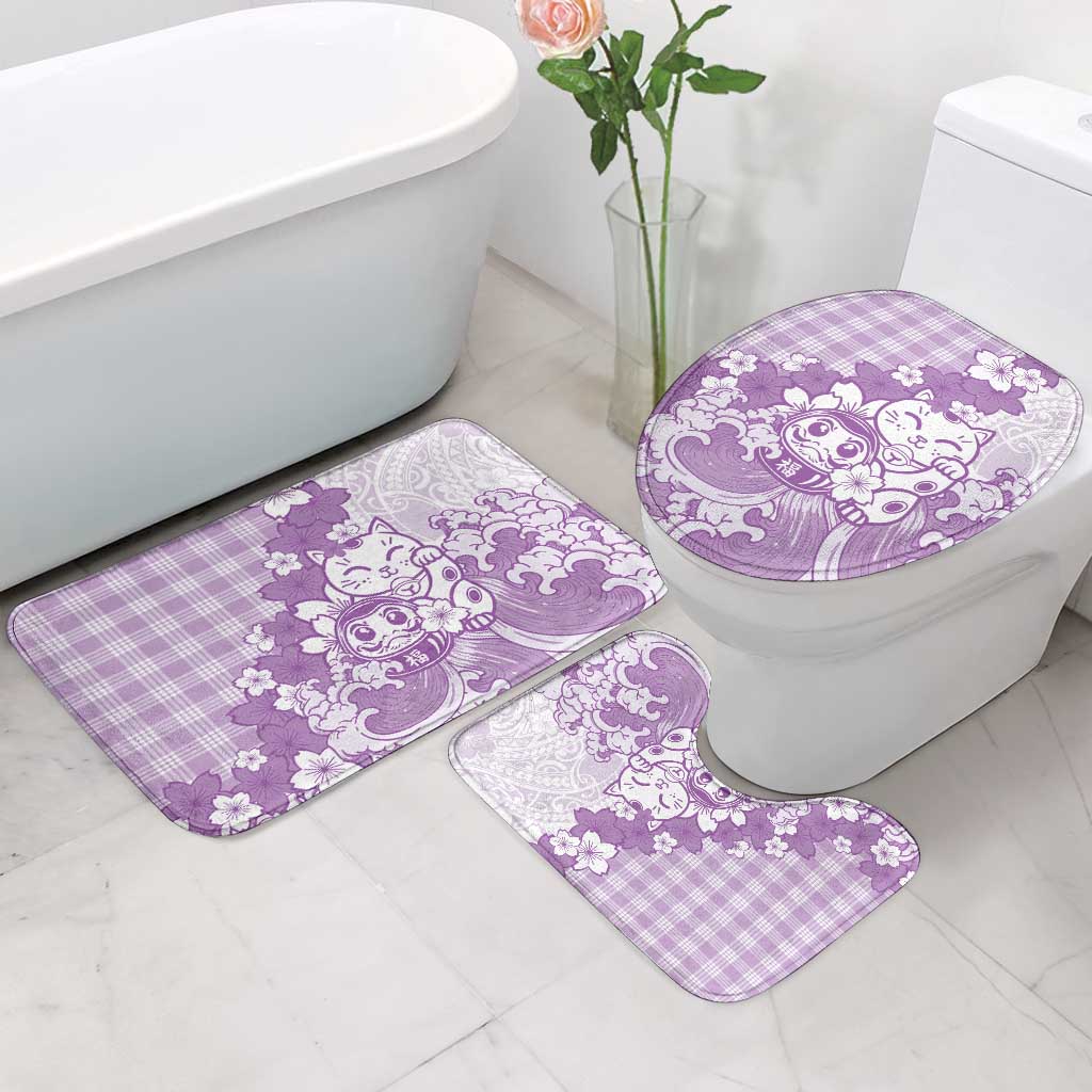 Purple Palaka Hawaiian And Japanese Bathroom Set Maneki Neko And Sakura Bloom DT05 - Polynesian Pride