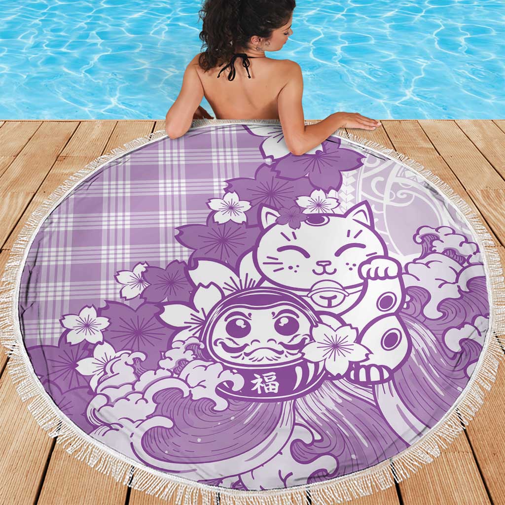 Purple Palaka Hawaiian And Japanese Beach Blanket Maneki Neko And Sakura Bloom