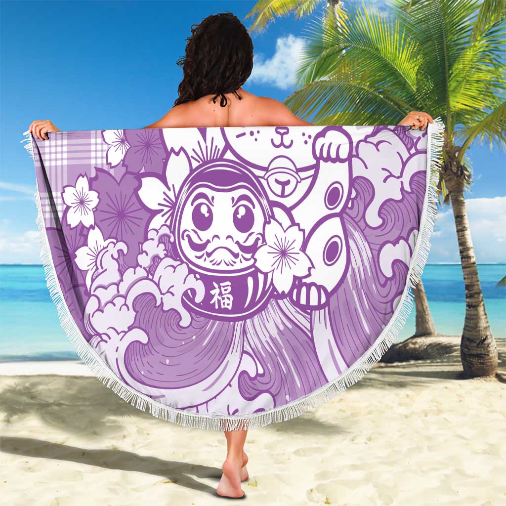 Purple Palaka Hawaiian And Japanese Beach Blanket Maneki Neko And Sakura Bloom