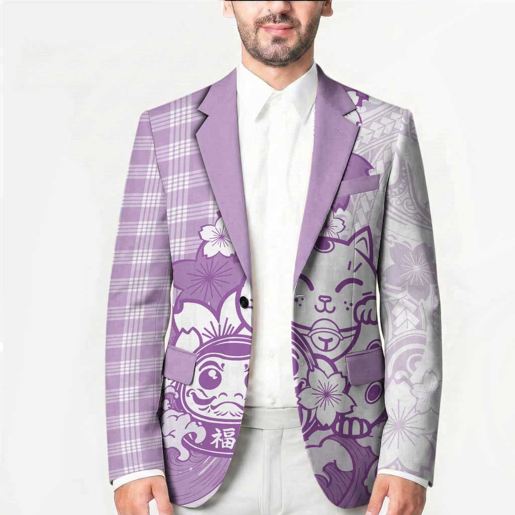Purple Palaka Hawaiian And Japanese Blazer Maneki Neko And Sakura Bloom