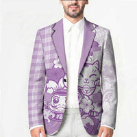Purple Palaka Hawaiian And Japanese Blazer Maneki Neko And Sakura Bloom