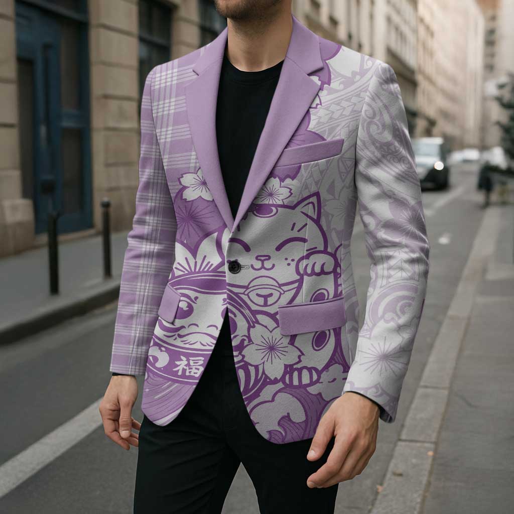 Purple Palaka Hawaiian And Japanese Blazer Maneki Neko And Sakura Bloom