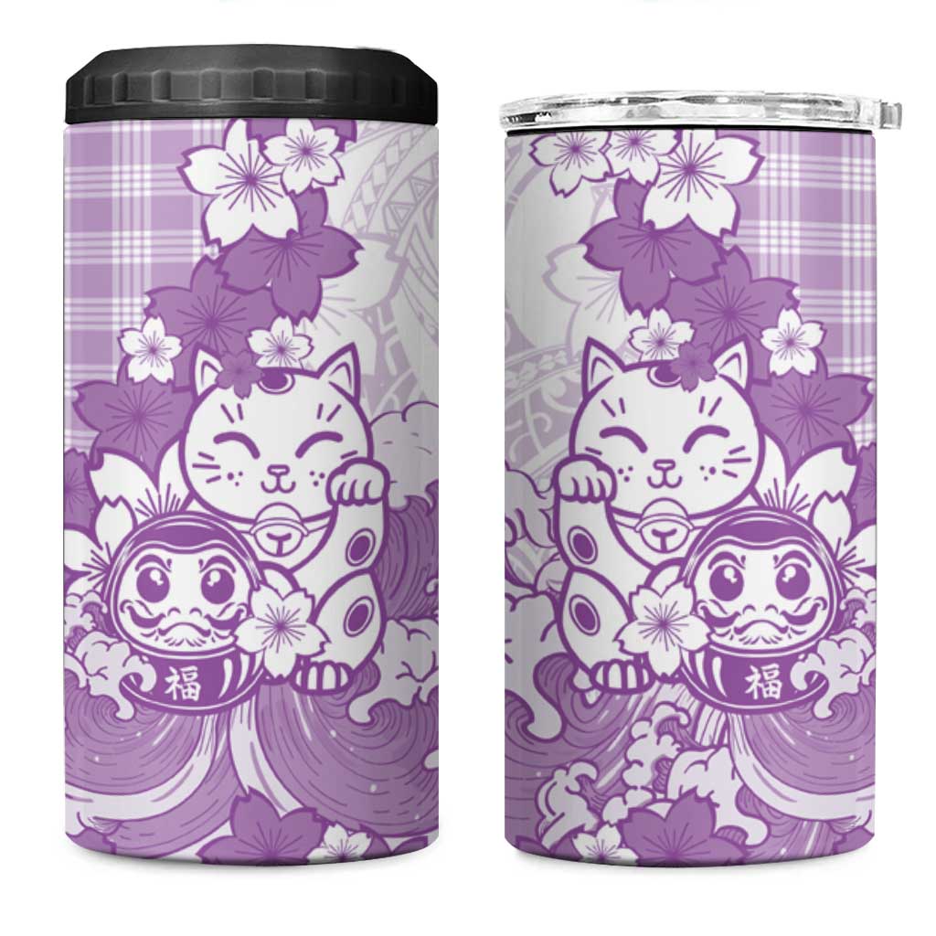 Purple Palaka Hawaiian And Japanese 4 in 1 Can Cooler Tumbler Maneki Neko And Sakura Bloom