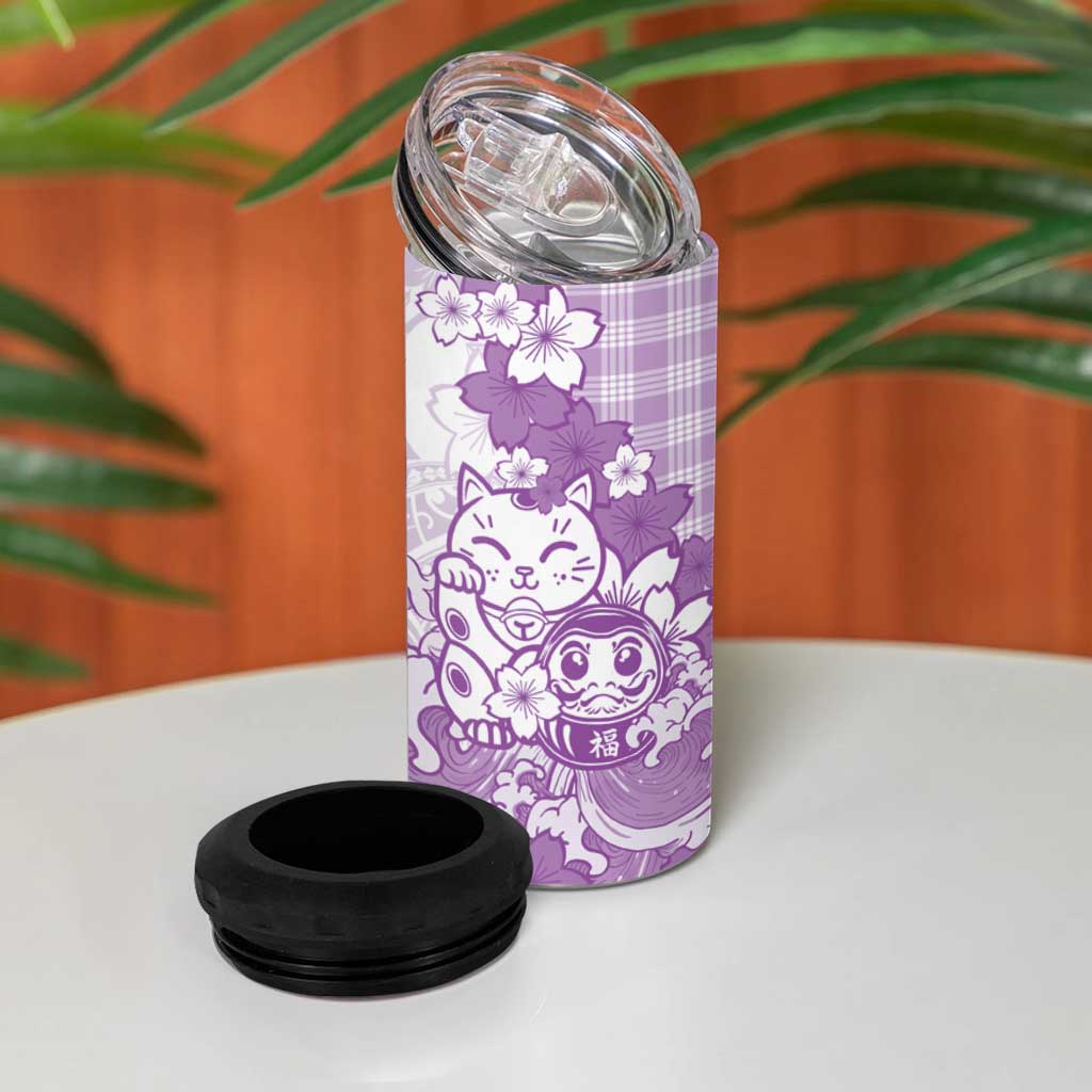 Purple Palaka Hawaiian And Japanese 4 in 1 Can Cooler Tumbler Maneki Neko And Sakura Bloom
