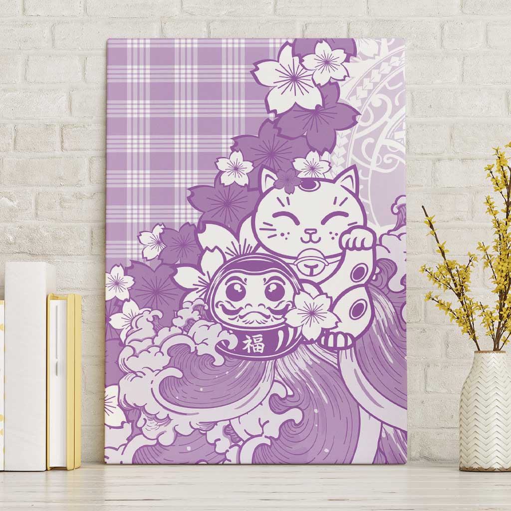 Purple Palaka Hawaiian And Japanese Canvas Wall Art Maneki Neko And Sakura Bloom