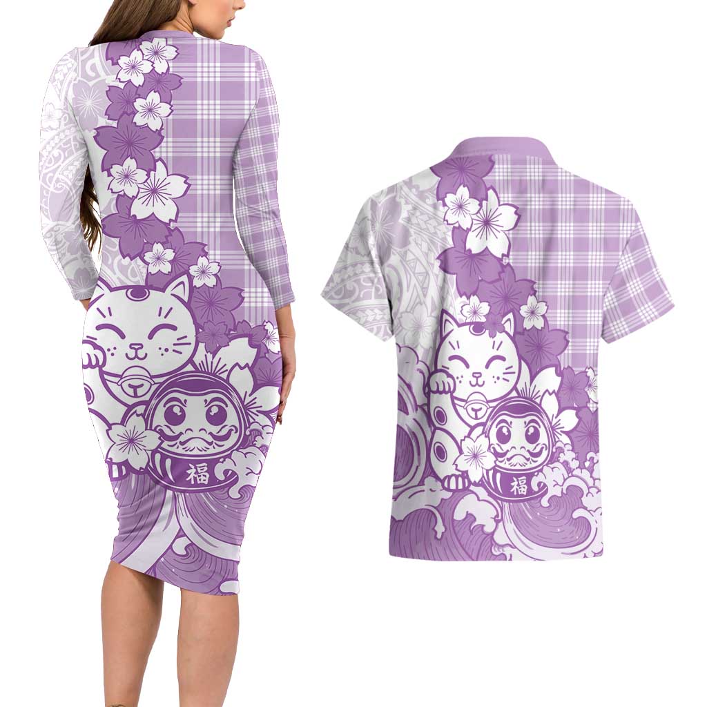 Purple Palaka Hawaiian And Japanese Couples Matching Long Sleeve Bodycon Dress and Hawaiian Shirt Maneki Neko And Sakura Bloom