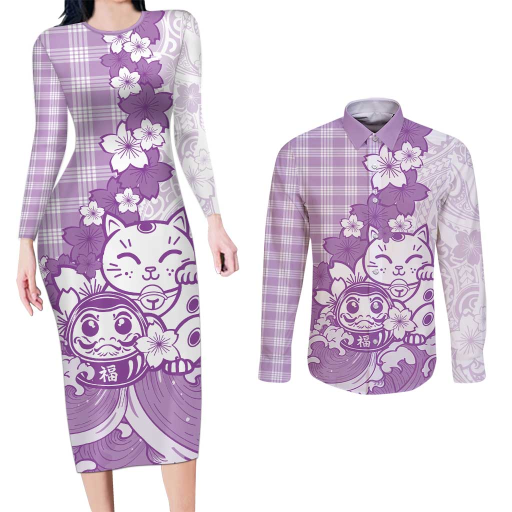 Purple Palaka Hawaiian And Japanese Couples Matching Long Sleeve Bodycon Dress and Long Sleeve Button Shirt Maneki Neko And Sakura Bloom