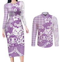 Purple Palaka Hawaiian And Japanese Couples Matching Long Sleeve Bodycon Dress and Long Sleeve Button Shirt Maneki Neko And Sakura Bloom
