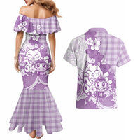 Purple Palaka Hawaiian And Japanese Couples Matching Mermaid Dress and Hawaiian Shirt Maneki Neko And Sakura Bloom