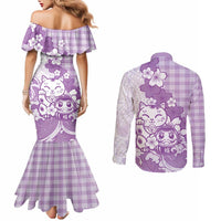 Purple Palaka Hawaiian And Japanese Couples Matching Mermaid Dress and Long Sleeve Button Shirt Maneki Neko And Sakura Bloom