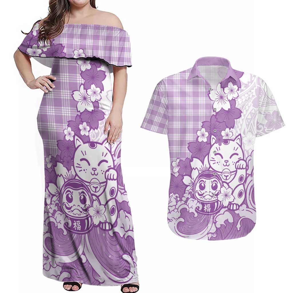 Purple Palaka Hawaiian And Japanese Couples Matching Off Shoulder Maxi Dress and Hawaiian Shirt Maneki Neko And Sakura Bloom