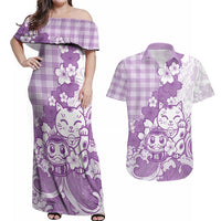 Purple Palaka Hawaiian And Japanese Couples Matching Off Shoulder Maxi Dress and Hawaiian Shirt Maneki Neko And Sakura Bloom