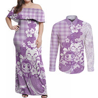 Purple Palaka Hawaiian And Japanese Couples Matching Off Shoulder Maxi Dress and Long Sleeve Button Shirt Maneki Neko And Sakura Bloom