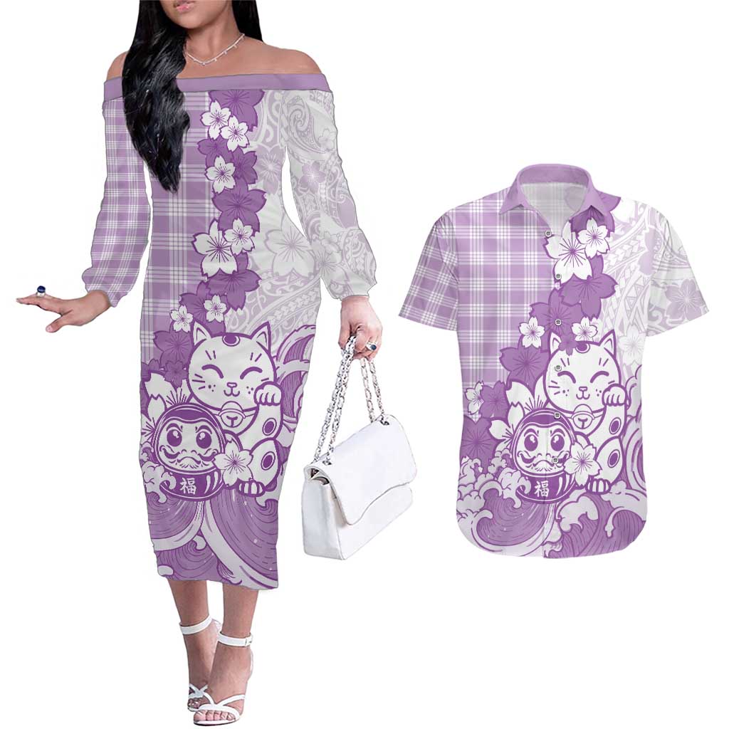 Purple Palaka Hawaiian And Japanese Couples Matching Off The Shoulder Long Sleeve Dress and Hawaiian Shirt Maneki Neko And Sakura Bloom
