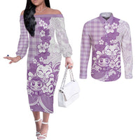 Purple Palaka Hawaiian And Japanese Couples Matching Off The Shoulder Long Sleeve Dress and Long Sleeve Button Shirt Maneki Neko And Sakura Bloom