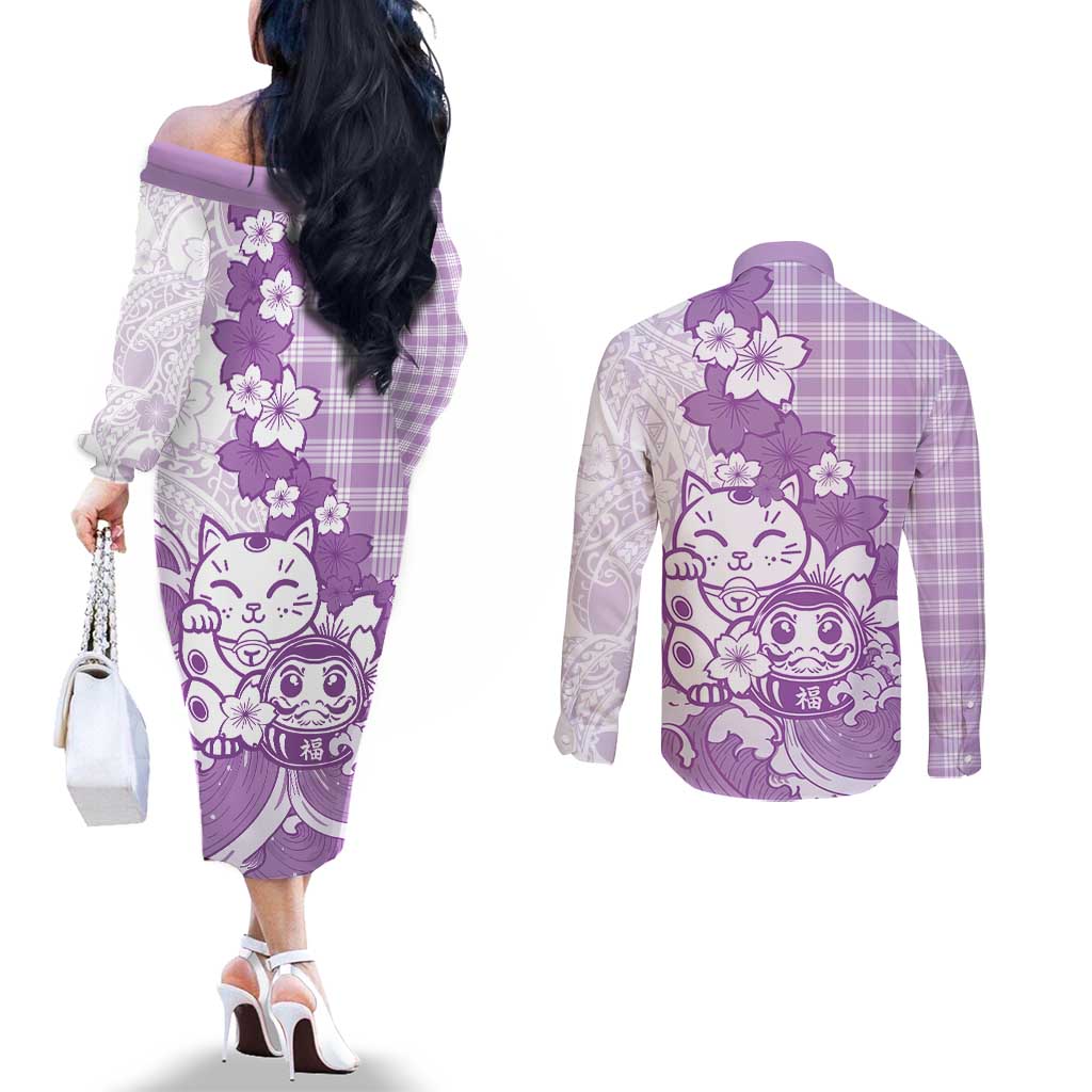 Purple Palaka Hawaiian And Japanese Couples Matching Off The Shoulder Long Sleeve Dress and Long Sleeve Button Shirt Maneki Neko And Sakura Bloom