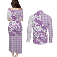 Purple Palaka Hawaiian And Japanese Couples Matching Puletasi and Long Sleeve Button Shirt Maneki Neko And Sakura Bloom