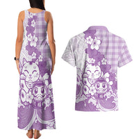 Purple Palaka Hawaiian And Japanese Couples Matching Tank Maxi Dress and Hawaiian Shirt Maneki Neko And Sakura Bloom