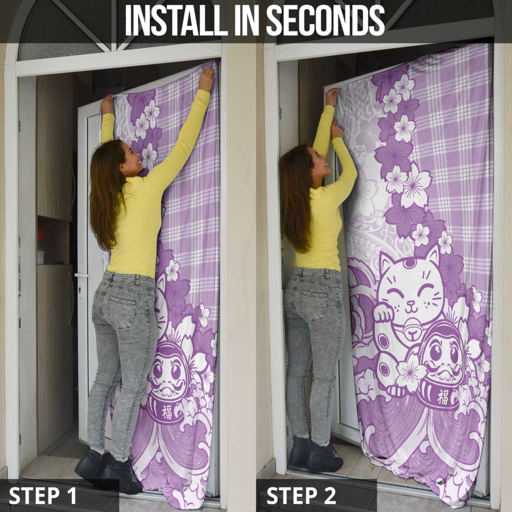 Purple Palaka Hawaiian And Japanese Door Cover Maneki Neko And Sakura Bloom