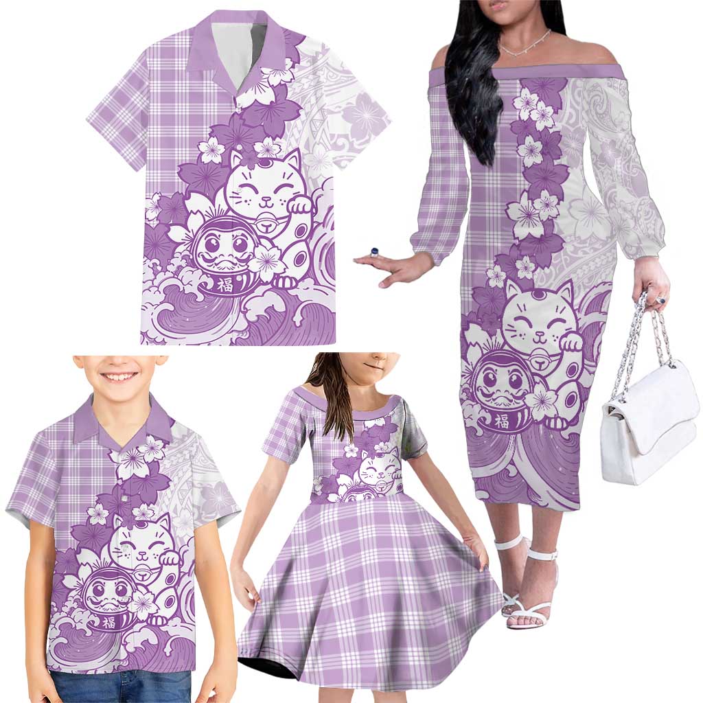 Purple Palaka Hawaiian And Japanese Family Matching Off The Shoulder Long Sleeve Dress and Hawaiian Shirt Maneki Neko And Sakura Bloom