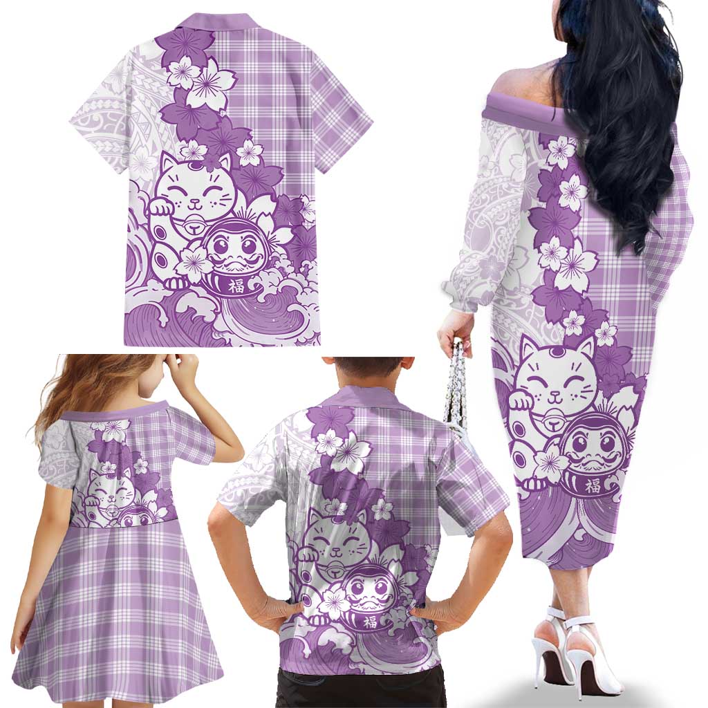 Purple Palaka Hawaiian And Japanese Family Matching Off The Shoulder Long Sleeve Dress and Hawaiian Shirt Maneki Neko And Sakura Bloom