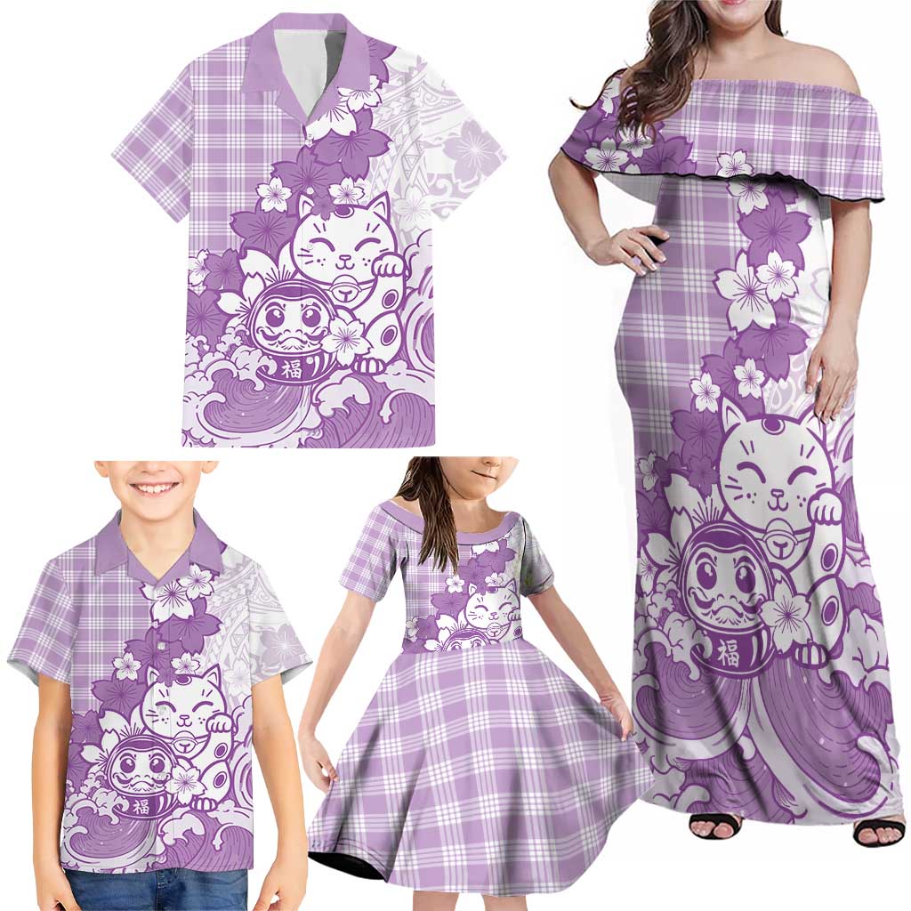 Purple Palaka Hawaiian And Japanese Family Matching Off Shoulder Maxi Dress and Hawaiian Shirt Maneki Neko And Sakura Bloom
