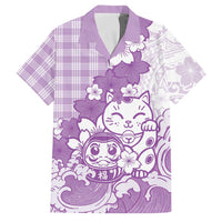 Purple Palaka Hawaiian And Japanese Family Matching Off Shoulder Maxi Dress and Hawaiian Shirt Maneki Neko And Sakura Bloom