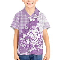 Purple Palaka Hawaiian And Japanese Family Matching Off Shoulder Maxi Dress and Hawaiian Shirt Maneki Neko And Sakura Bloom