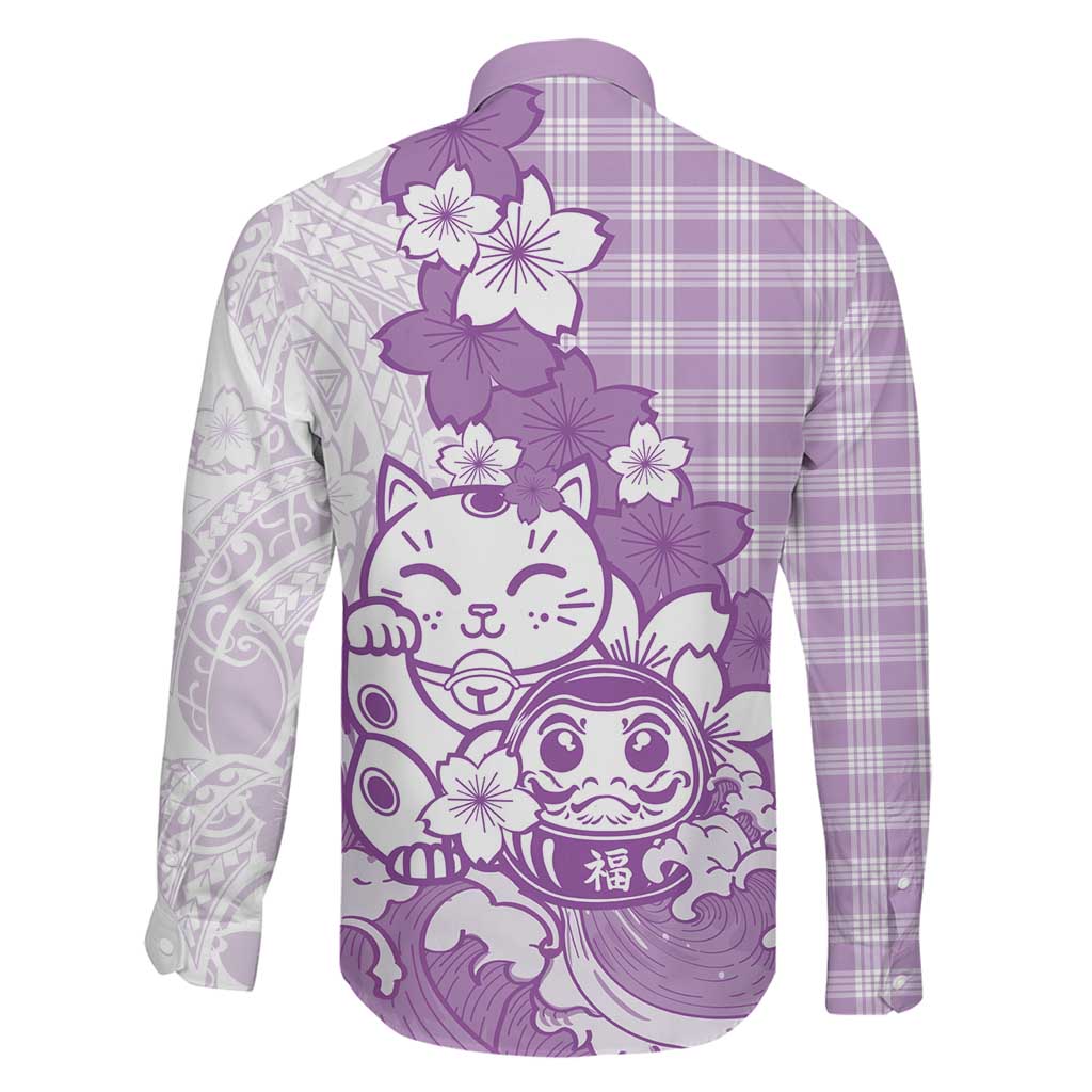 Purple Palaka Hawaiian And Japanese Family Matching Off Shoulder Short Dress and Hawaiian Shirt Maneki Neko And Sakura Bloom