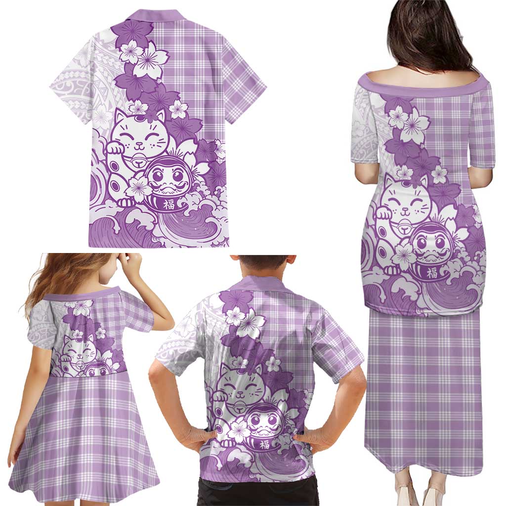 Purple Palaka Hawaiian And Japanese Family Matching Puletasi and Hawaiian Shirt Maneki Neko And Sakura Bloom