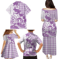 Purple Palaka Hawaiian And Japanese Family Matching Puletasi and Hawaiian Shirt Maneki Neko And Sakura Bloom